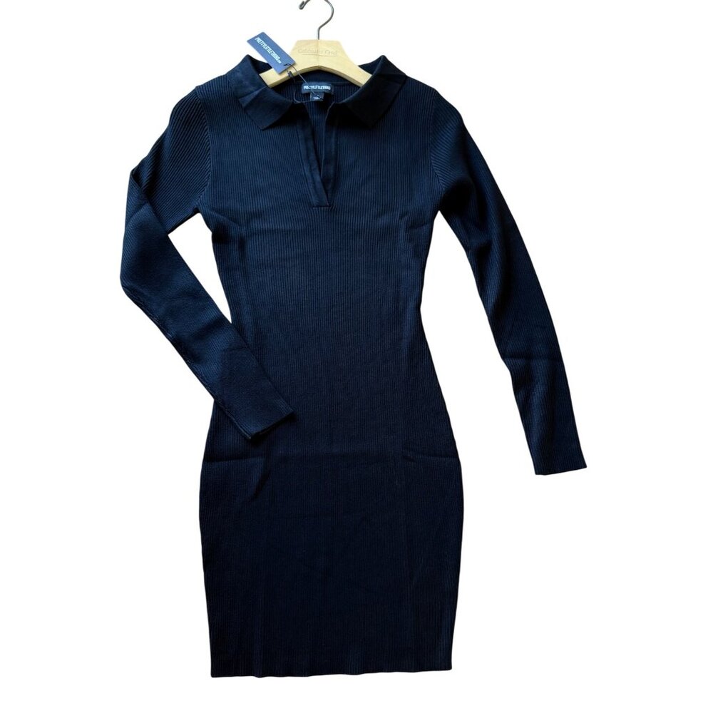 PrettyLittleThing Black Mini Dress Size 6 Ribbed Knit Bodycon Long Sleeve Preppy - Picture 4 of 10
